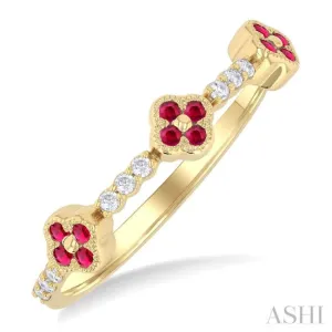 1/10 Ctw Clover Leaf & Bar Link 1.25 MM Ruby and Round Cut Diamond Precious Ring in 10K Yellow Gold