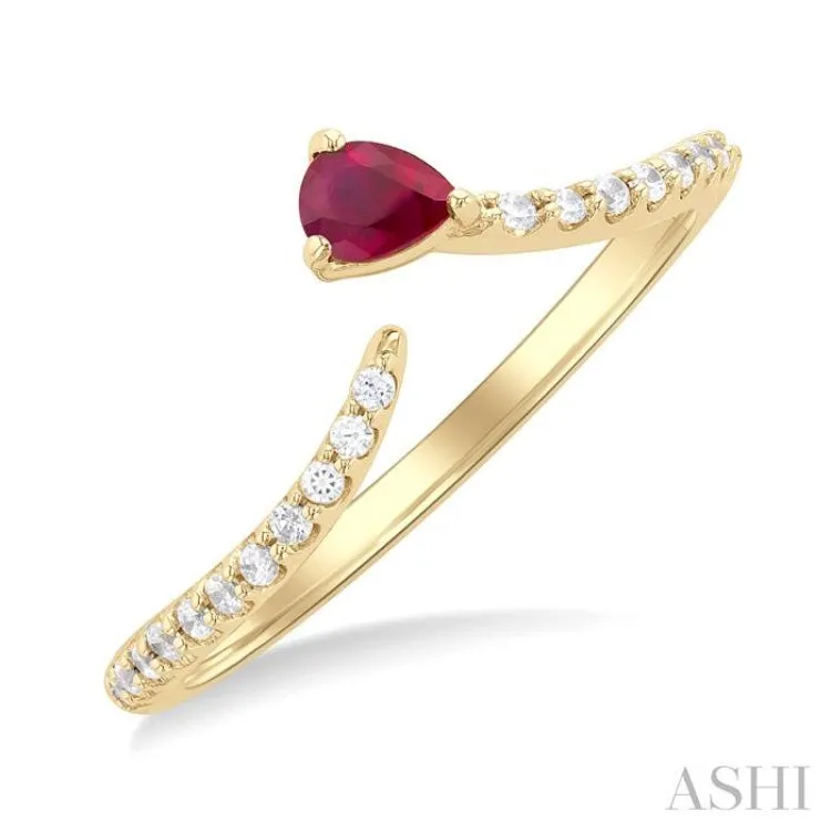 1/10 ctw Petite 4X3MM Pear Cut Ruby and Round Cut Diamond Precious Fashion Ring in 10K Yellow Gold