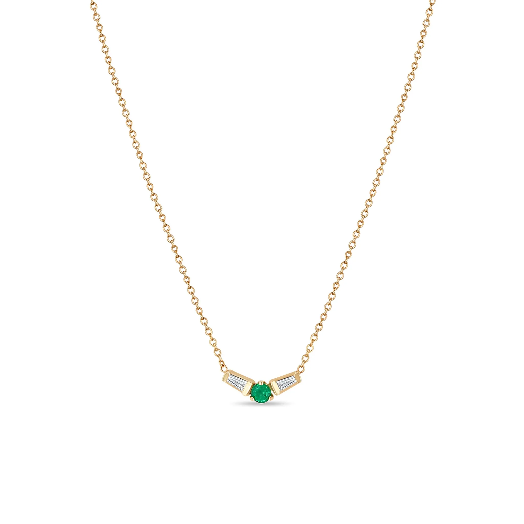 14k Emerald & Angled Tapered Baguette Diamonds Necklace