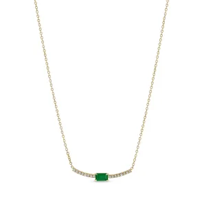 14k Emerald Cut Emerald Curved Pavé Diamond Bar Necklace