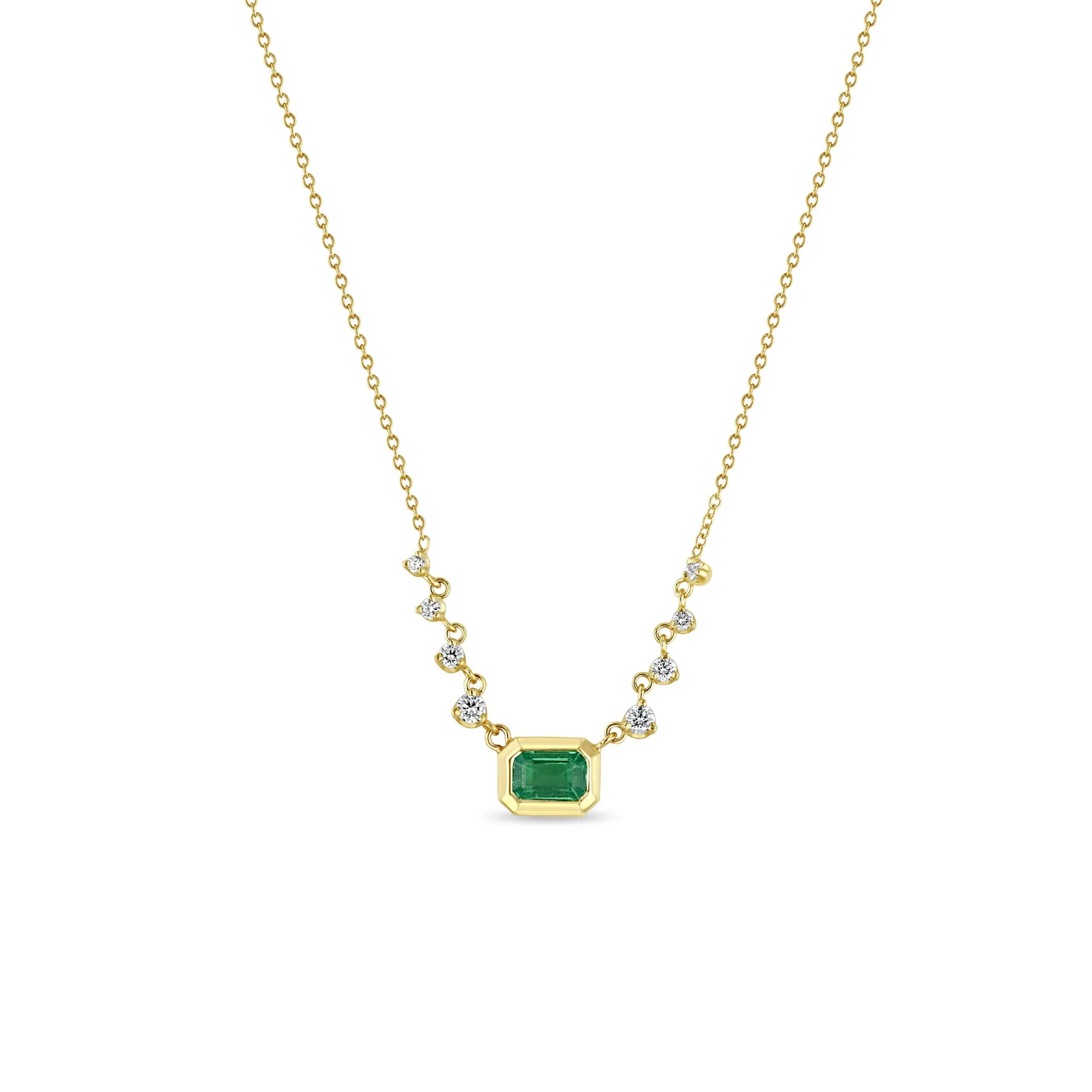 14k Graduated Prong Diamond & Emerald Cut Emerald Bezel Necklace