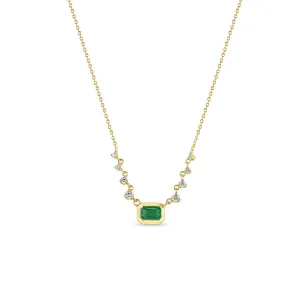 14k Graduated Prong Diamond & Emerald Cut Emerald Bezel Necklace