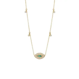 14k Marquise Emerald Diamond Halo Necklace with Dangling Diamonds