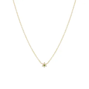 14k Prong Diamond & Emerald Center Tiny Flower Necklace