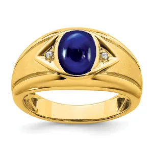 14k Yellow Gold Created Sapphire and Diamond Mens Ring