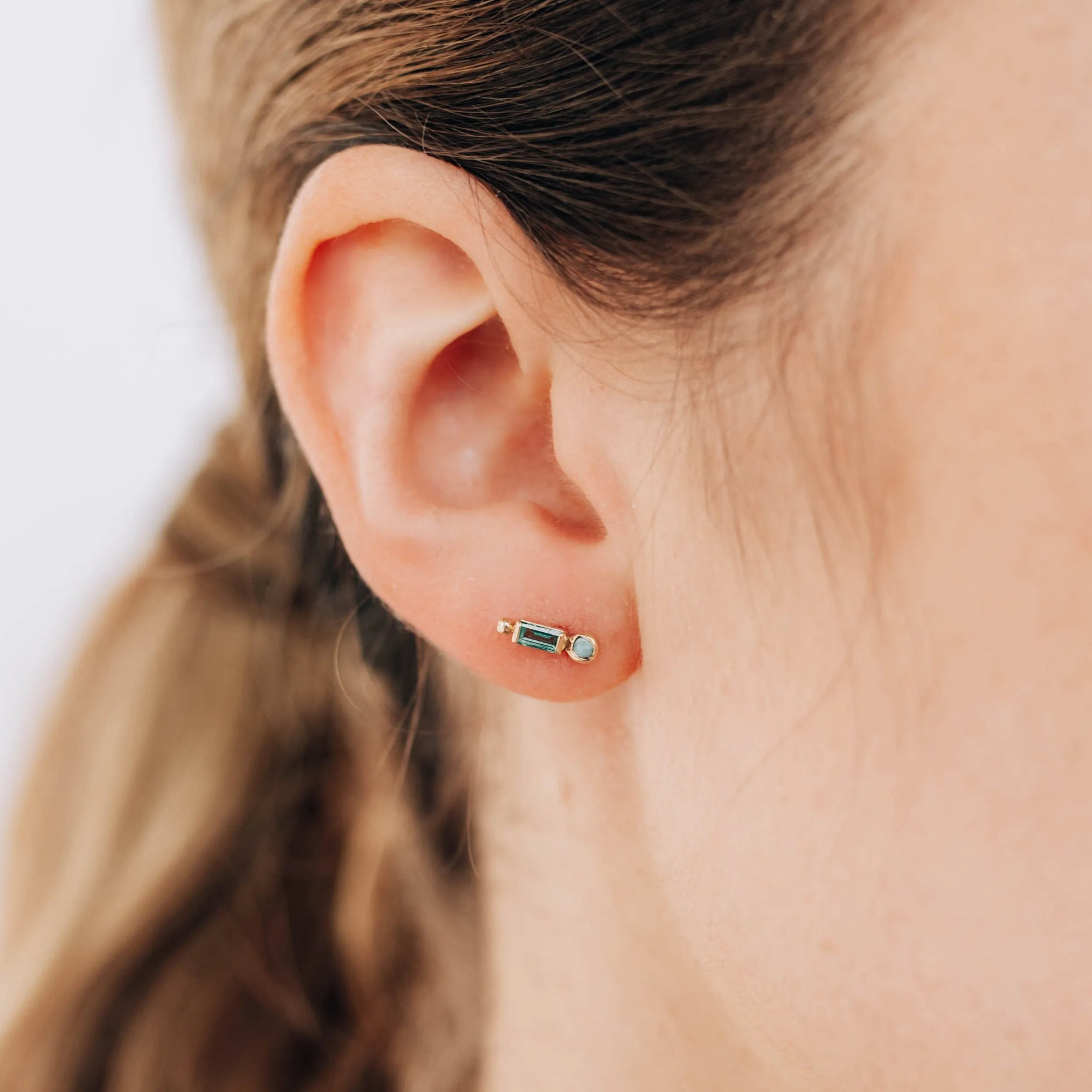 14K Yellow Gold Emerald and Turquoise Stud Earrings