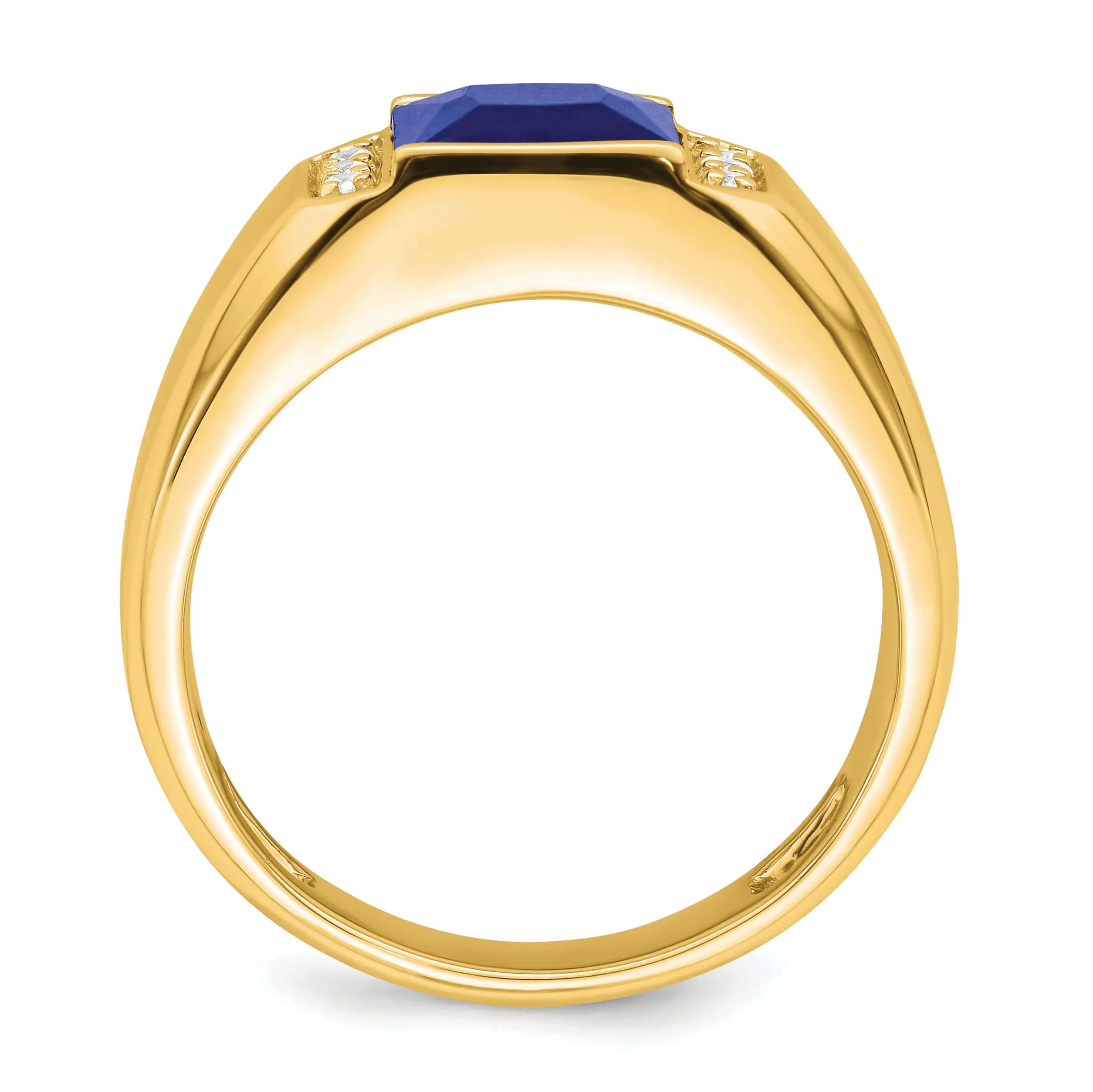 14k Yellow Gold Square Created Sapphire and Diamond Mens Ring