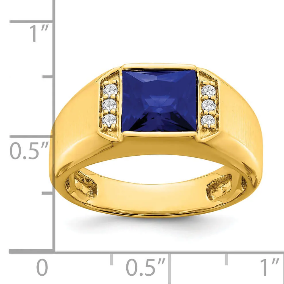 14k Yellow Gold Square Created Sapphire and Diamond Mens Ring