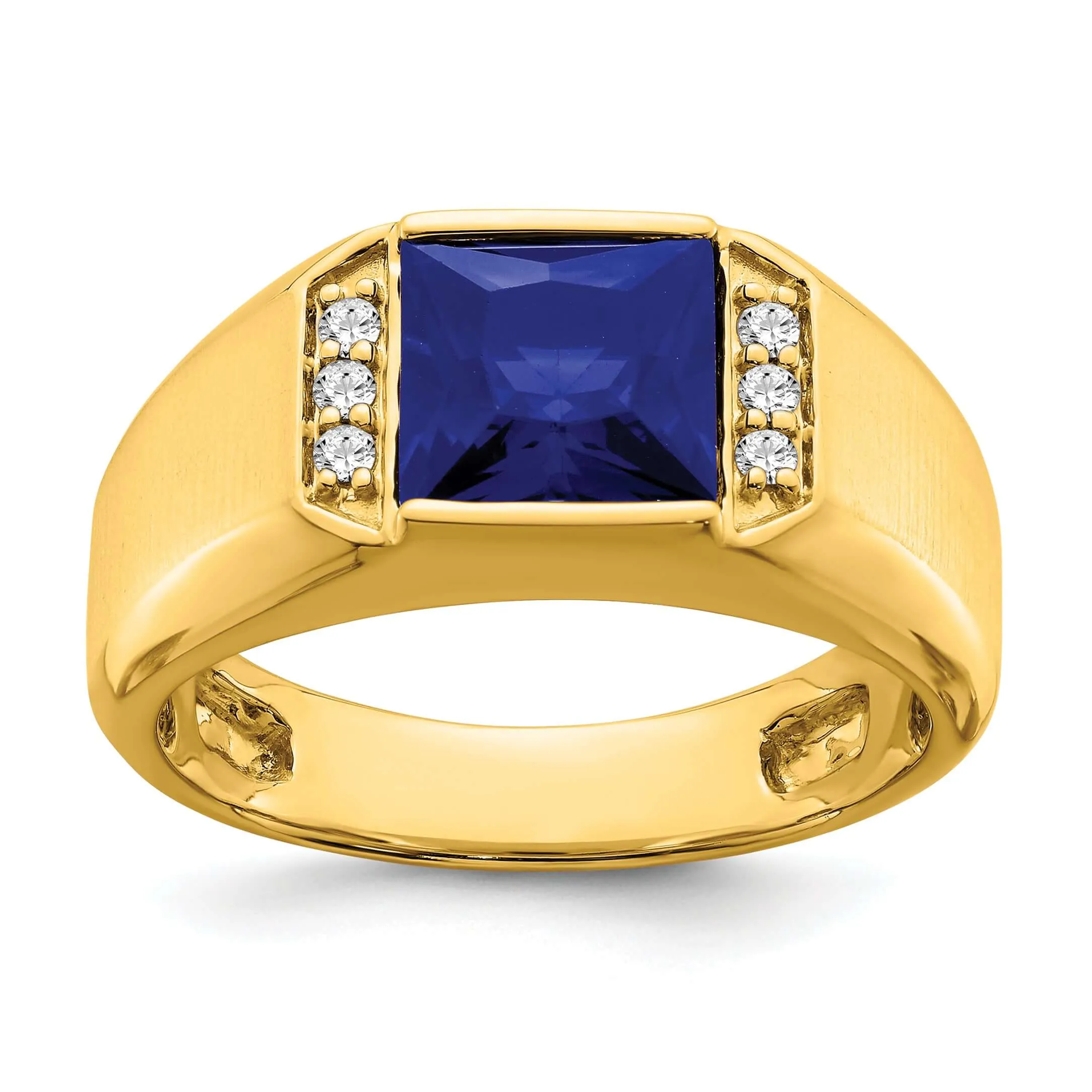 14k Yellow Gold Square Created Sapphire and Diamond Mens Ring