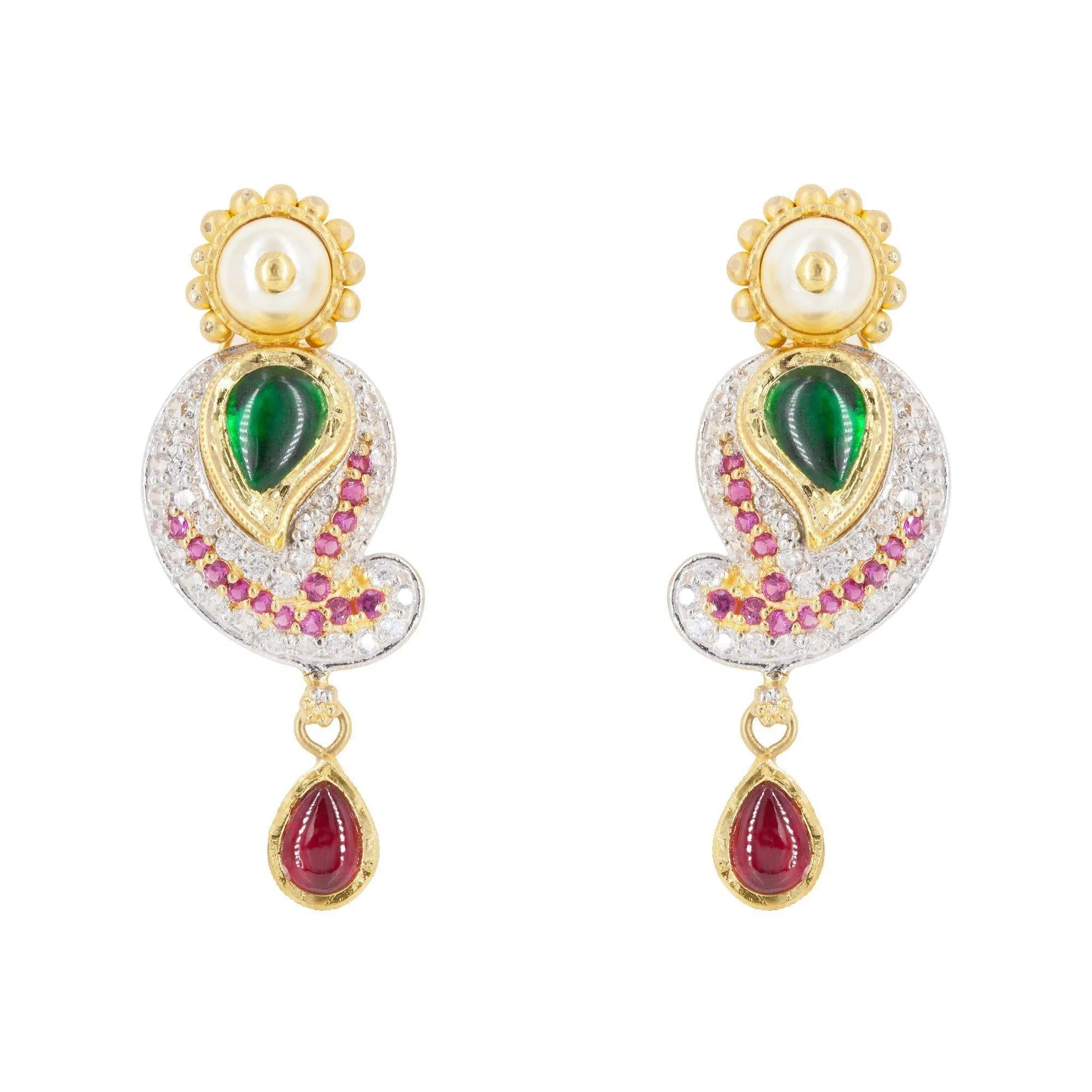 22K Multitone Gold Paisely Pavé Earring & Necklace Set W/ Emerald, Ruby, Pearl & Cubic Zirconia