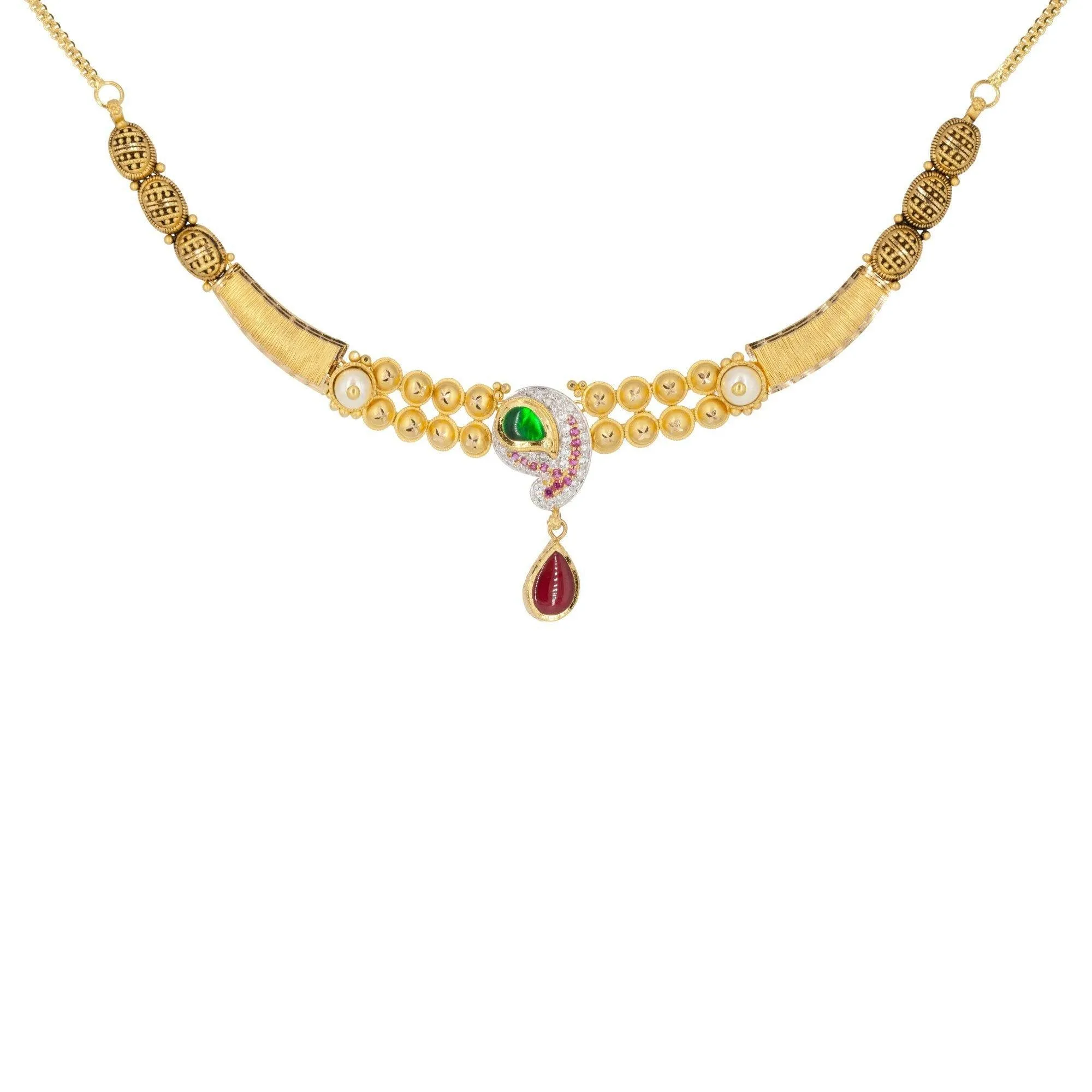 22K Multitone Gold Paisely Pavé Earring & Necklace Set W/ Emerald, Ruby, Pearl & Cubic Zirconia