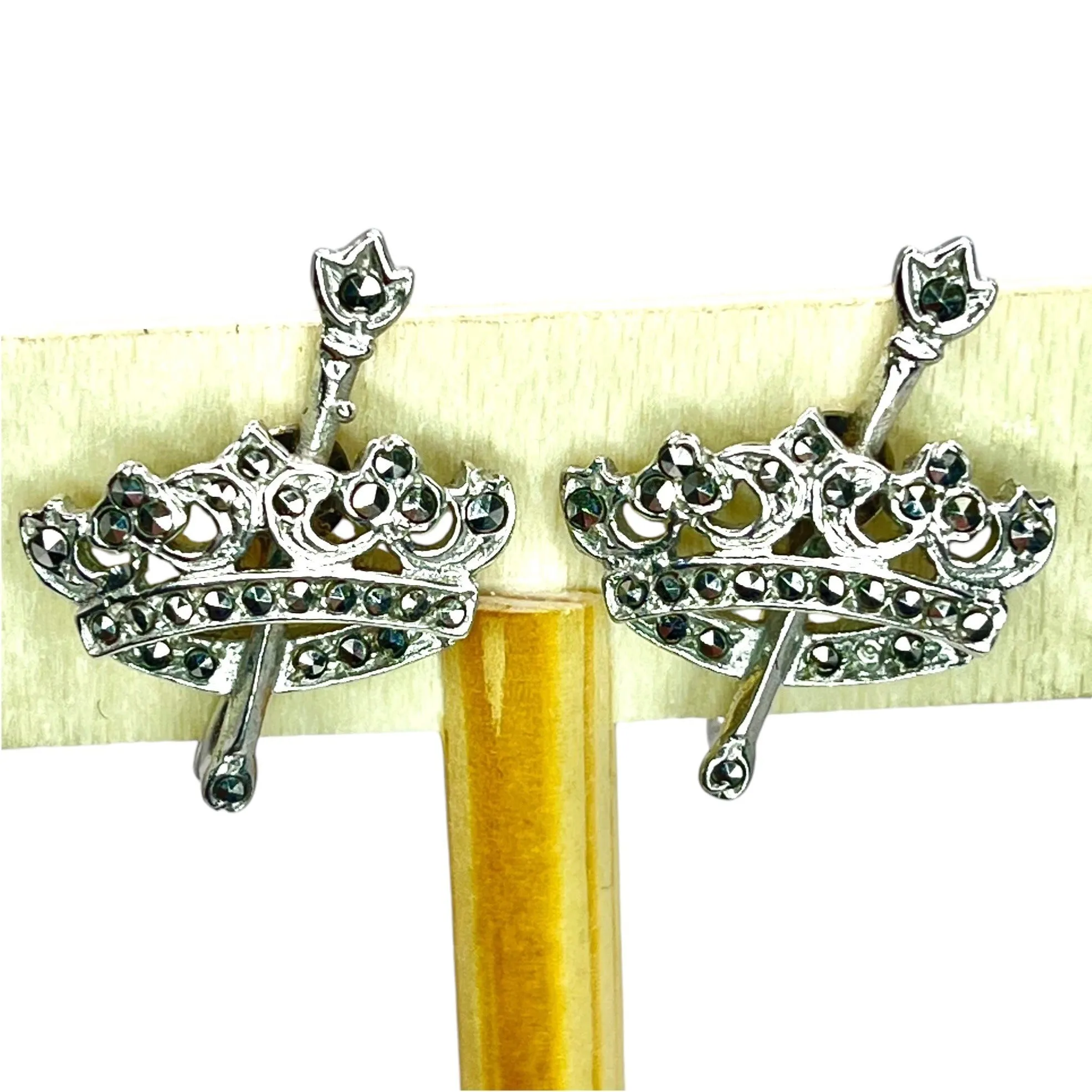 925 Sterling Silver Crown Screw Back Marcasite Earrings Royal Regal Royality