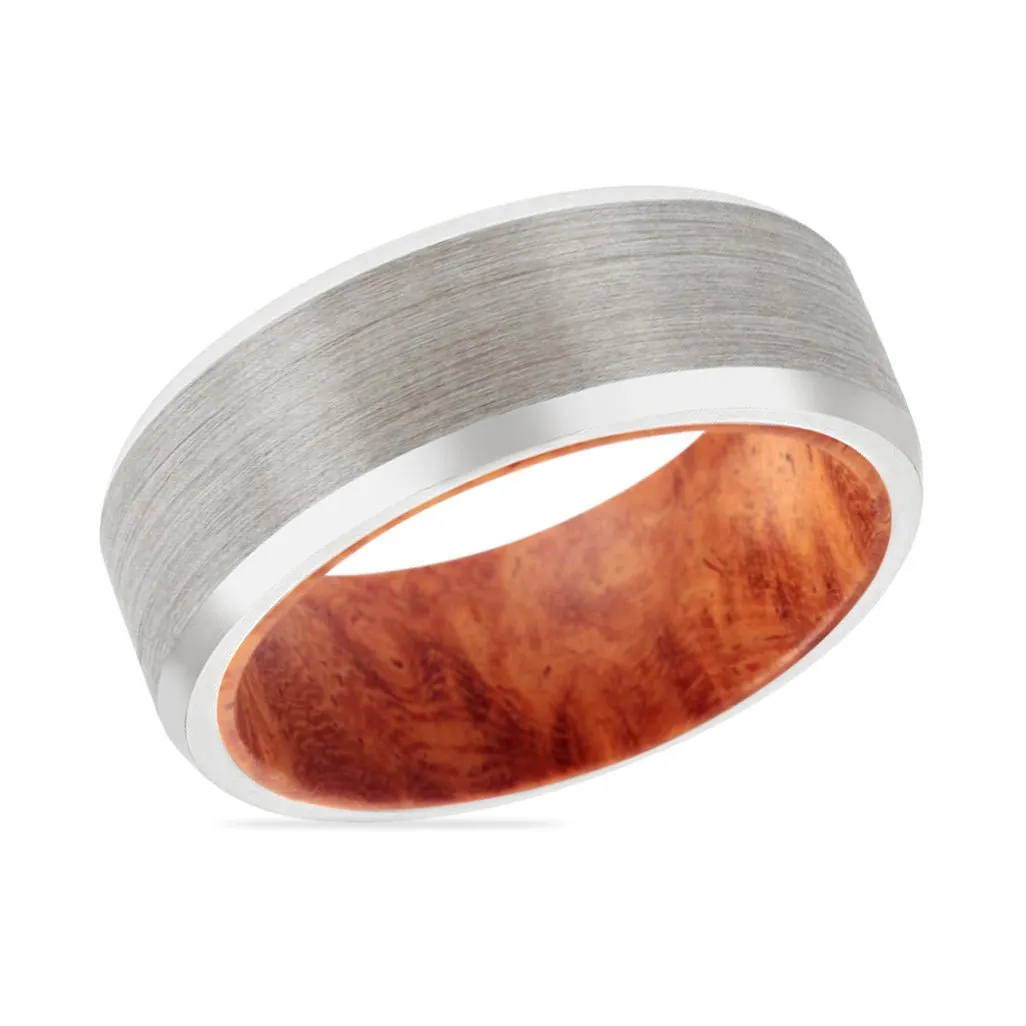 AKAKO | Red Burl Wood, Silver Tungsten Ring, Brushed, Beveled