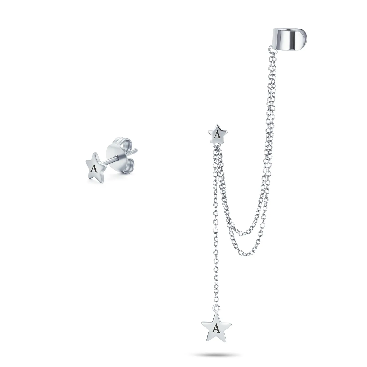 Alphabet A-Z Initial USA Patriotic Star Ear Cuff Cartilage Double Chain Earring Set