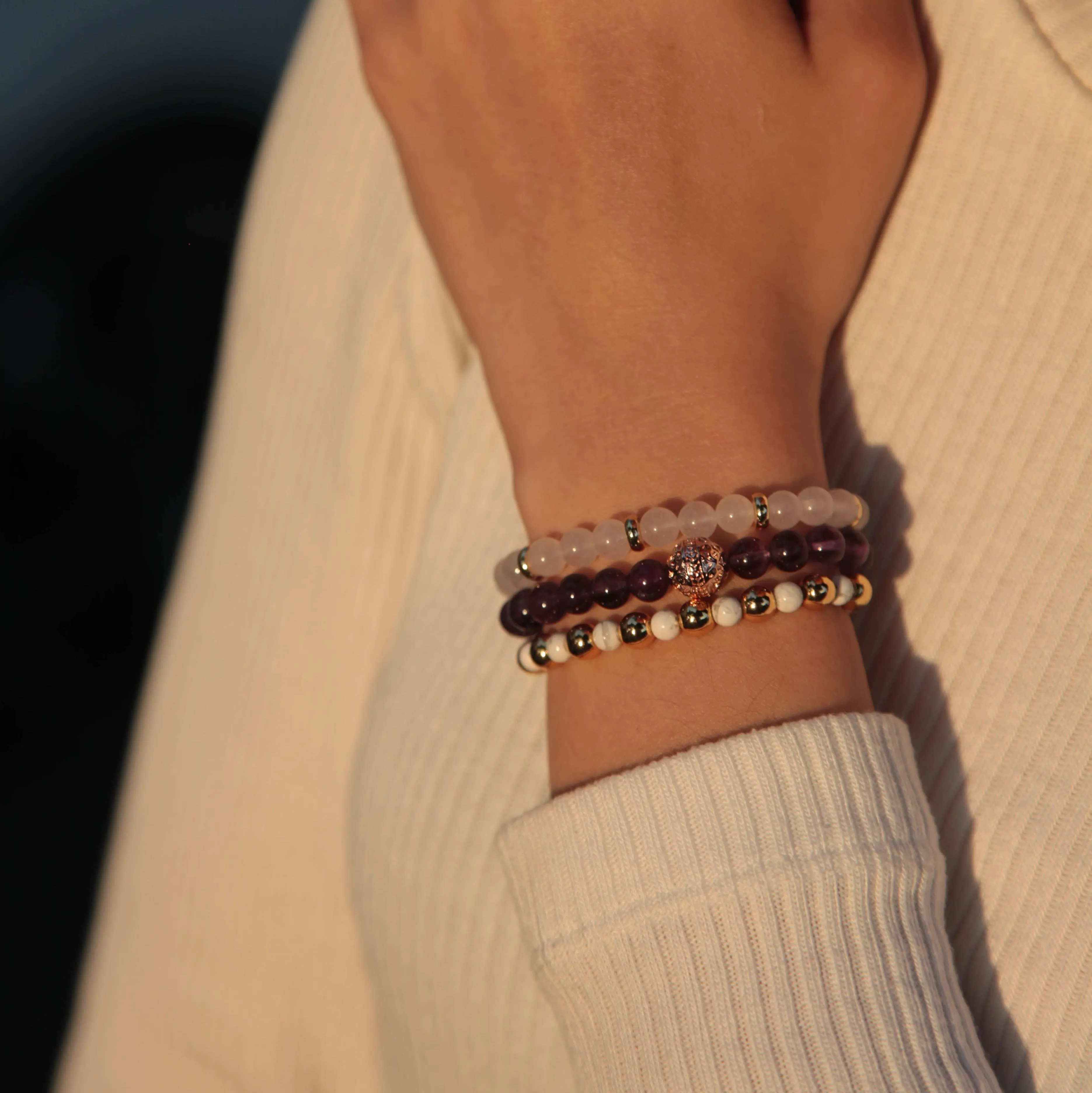 Amethyst Rose Gold Bracelet with Howlite and White Jade Bracelet