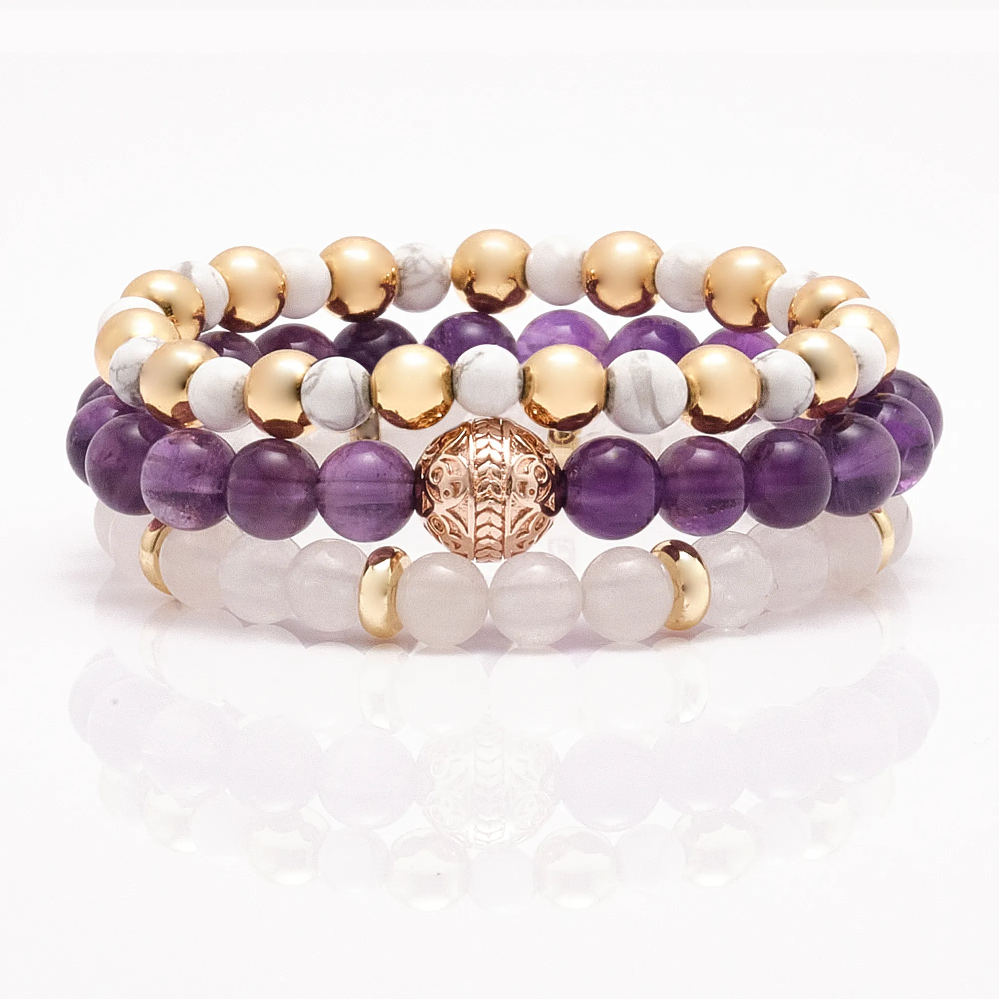 Amethyst Rose Gold Bracelet with Howlite and White Jade Bracelet