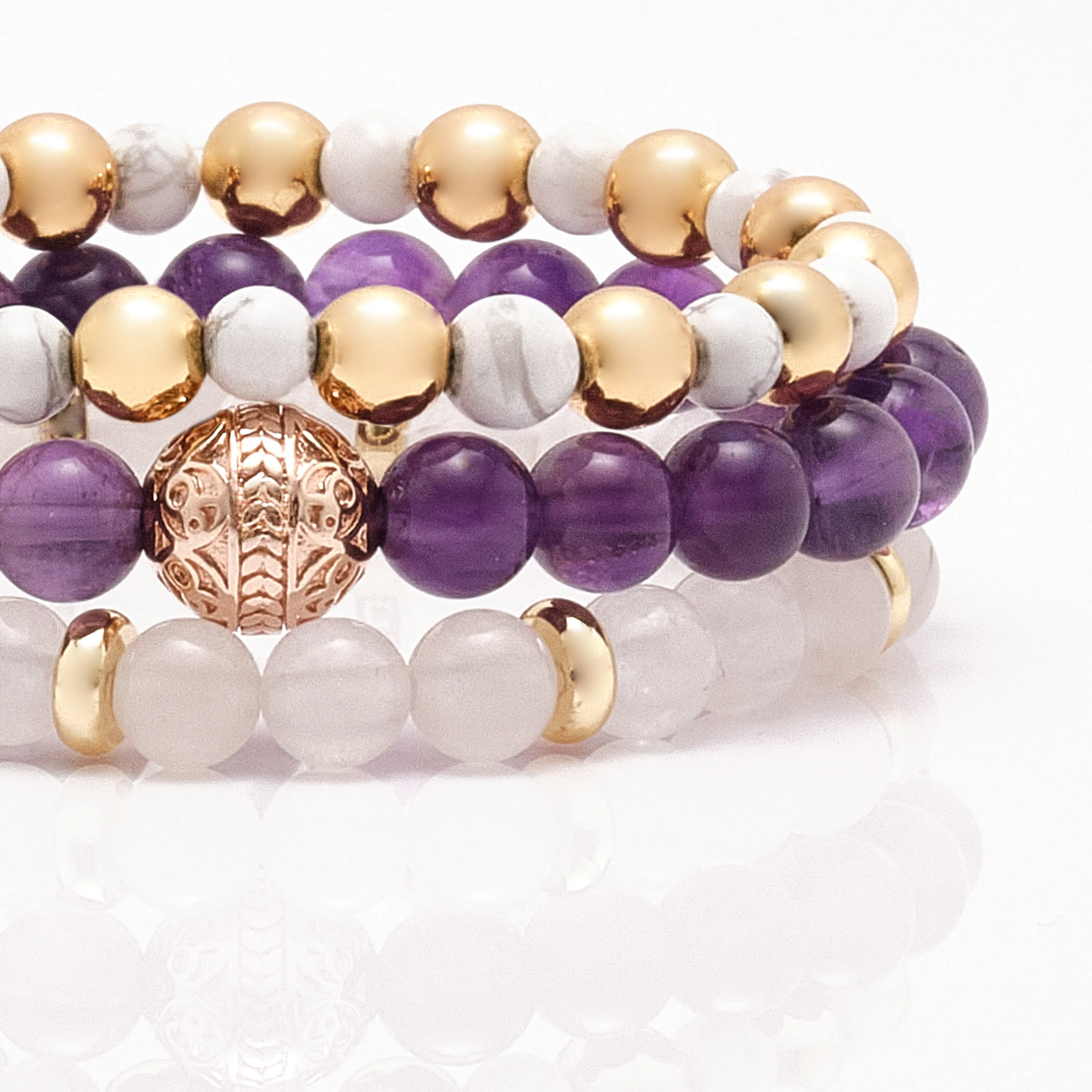 Amethyst Rose Gold Bracelet with Howlite and White Jade Bracelet