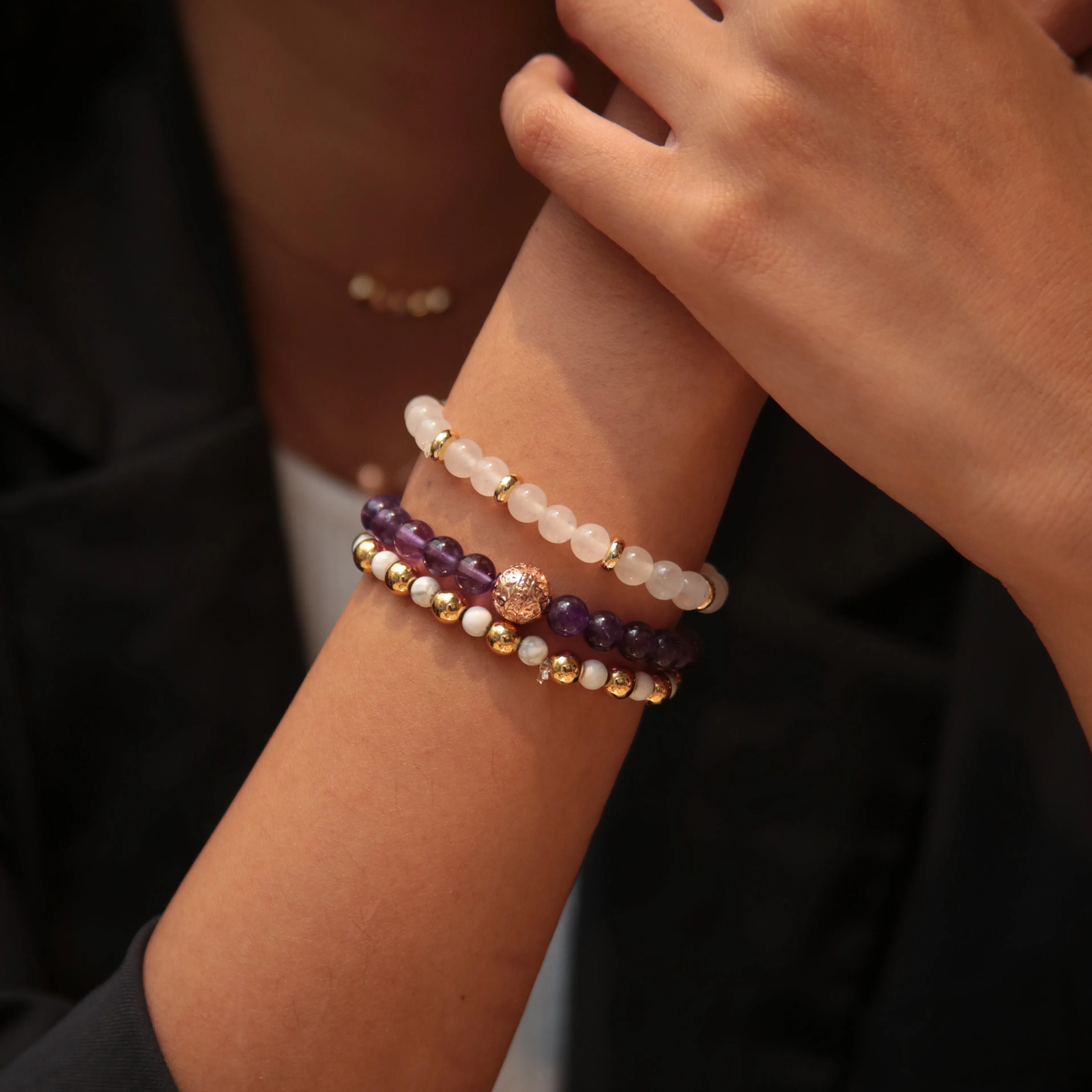 Amethyst Rose Gold Bracelet with Howlite and White Jade Bracelet