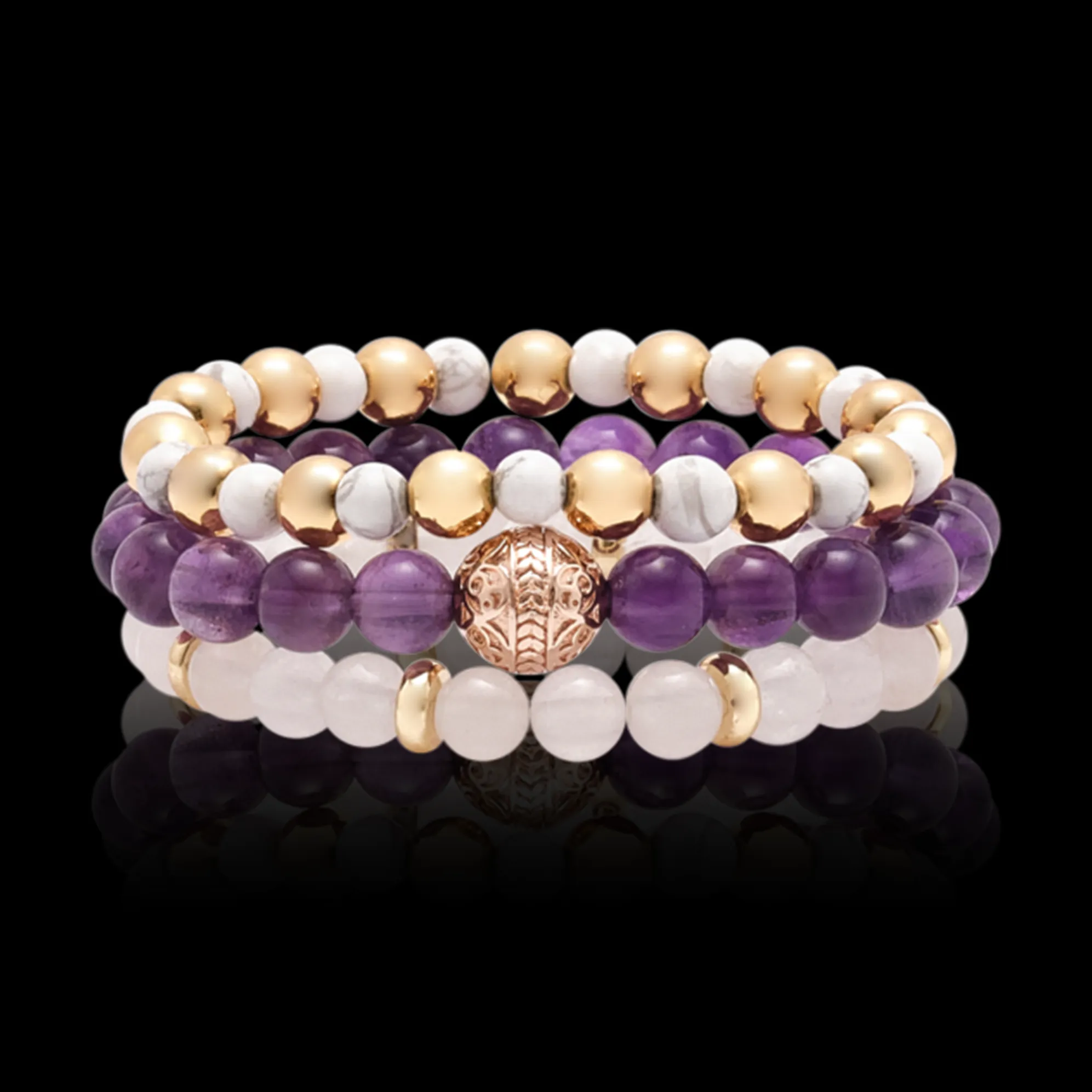 Amethyst Rose Gold Bracelet with Howlite and White Jade Bracelet