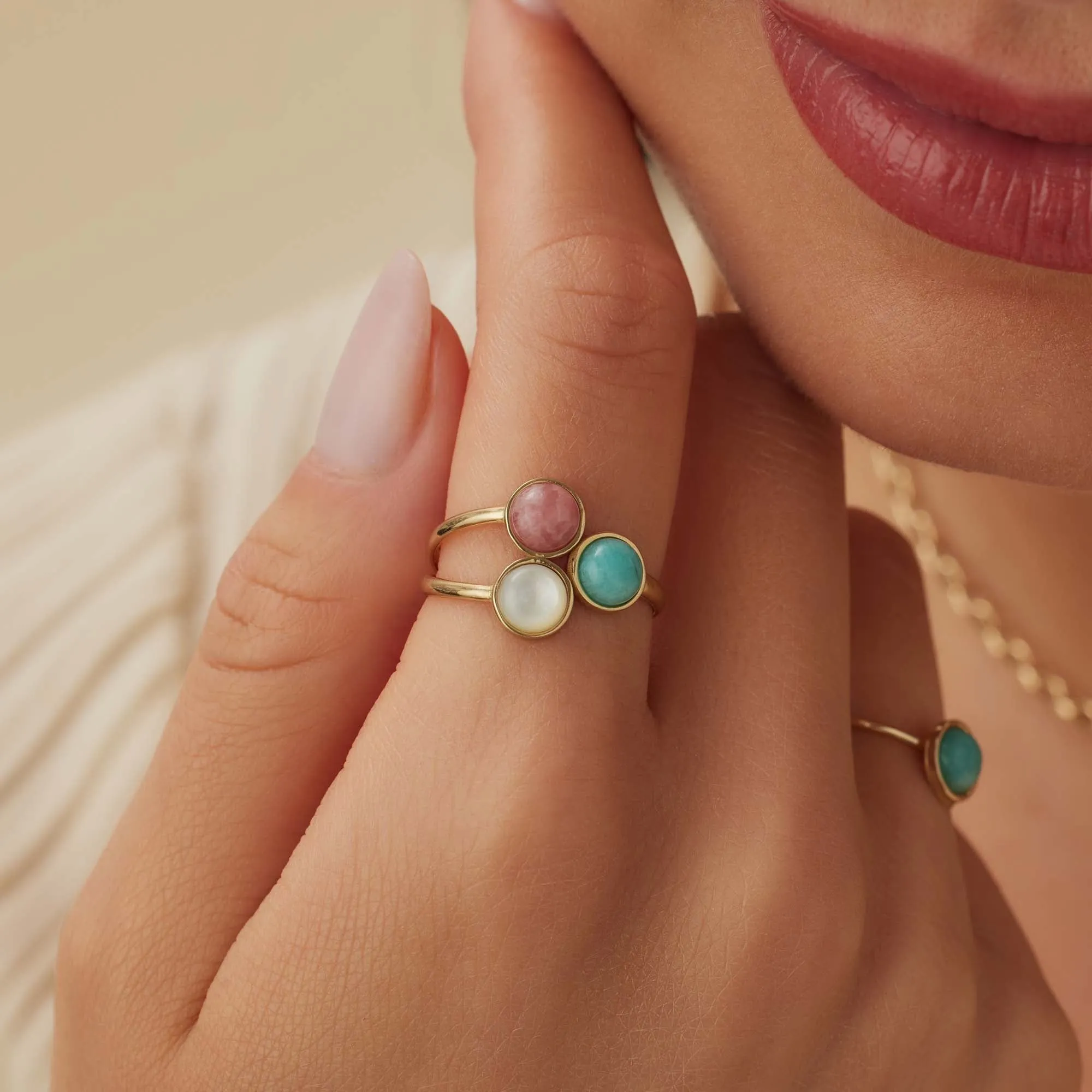 Belleville Cachet 14 karat gold ring with rose quartz, amazonite and mother of pearl gemstones