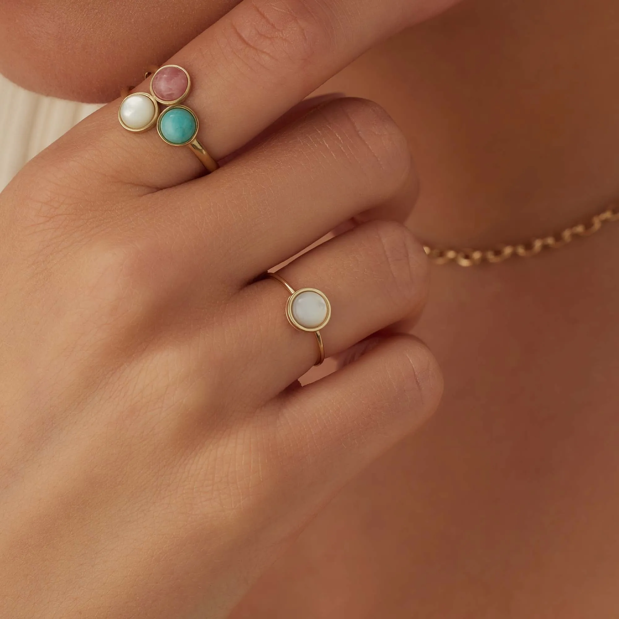 Belleville Cachet 14 karat gold ring with rose quartz, amazonite and mother of pearl gemstones