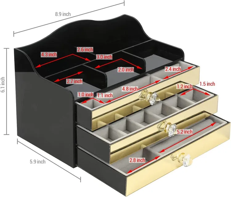 Black Acrylic Jewelry Box, Art Deco Mirrored Brass Tone Storage Drawer Organizer with Velvet Jewelry Tray Liners