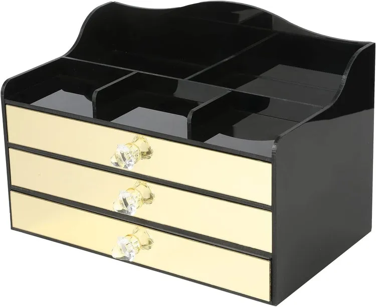 Black Acrylic Jewelry Box, Art Deco Mirrored Brass Tone Storage Drawer Organizer with Velvet Jewelry Tray Liners