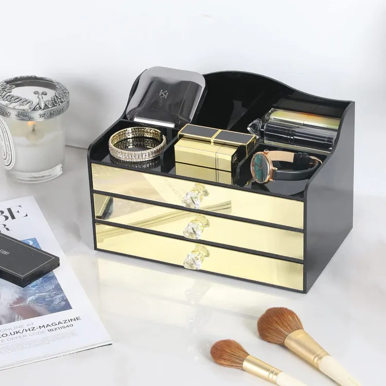 Black Acrylic Jewelry Box, Art Deco Mirrored Brass Tone Storage Drawer Organizer with Velvet Jewelry Tray Liners