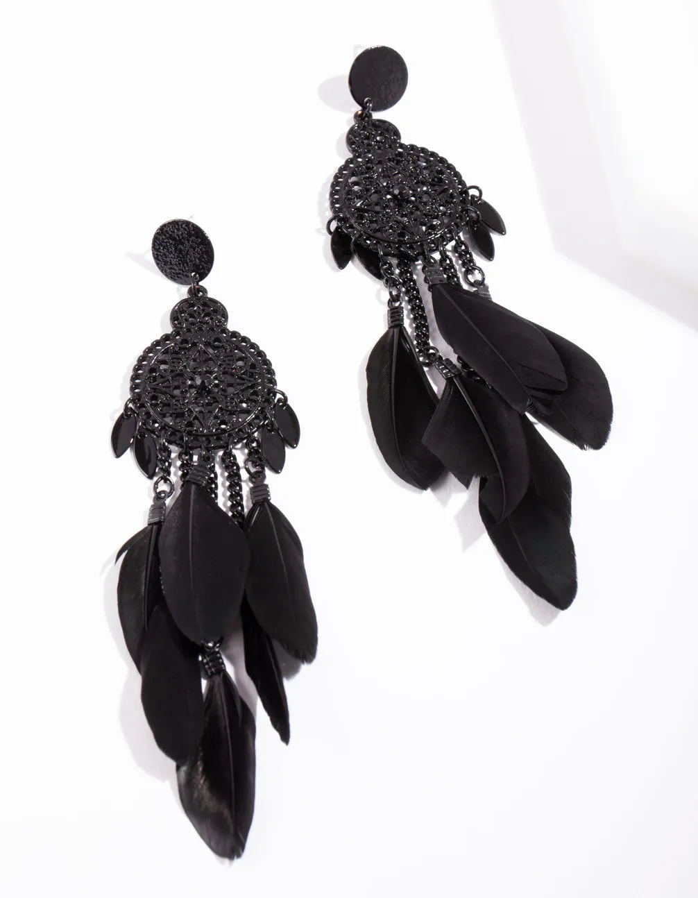 Black Filigree Cascading Feather Earrings