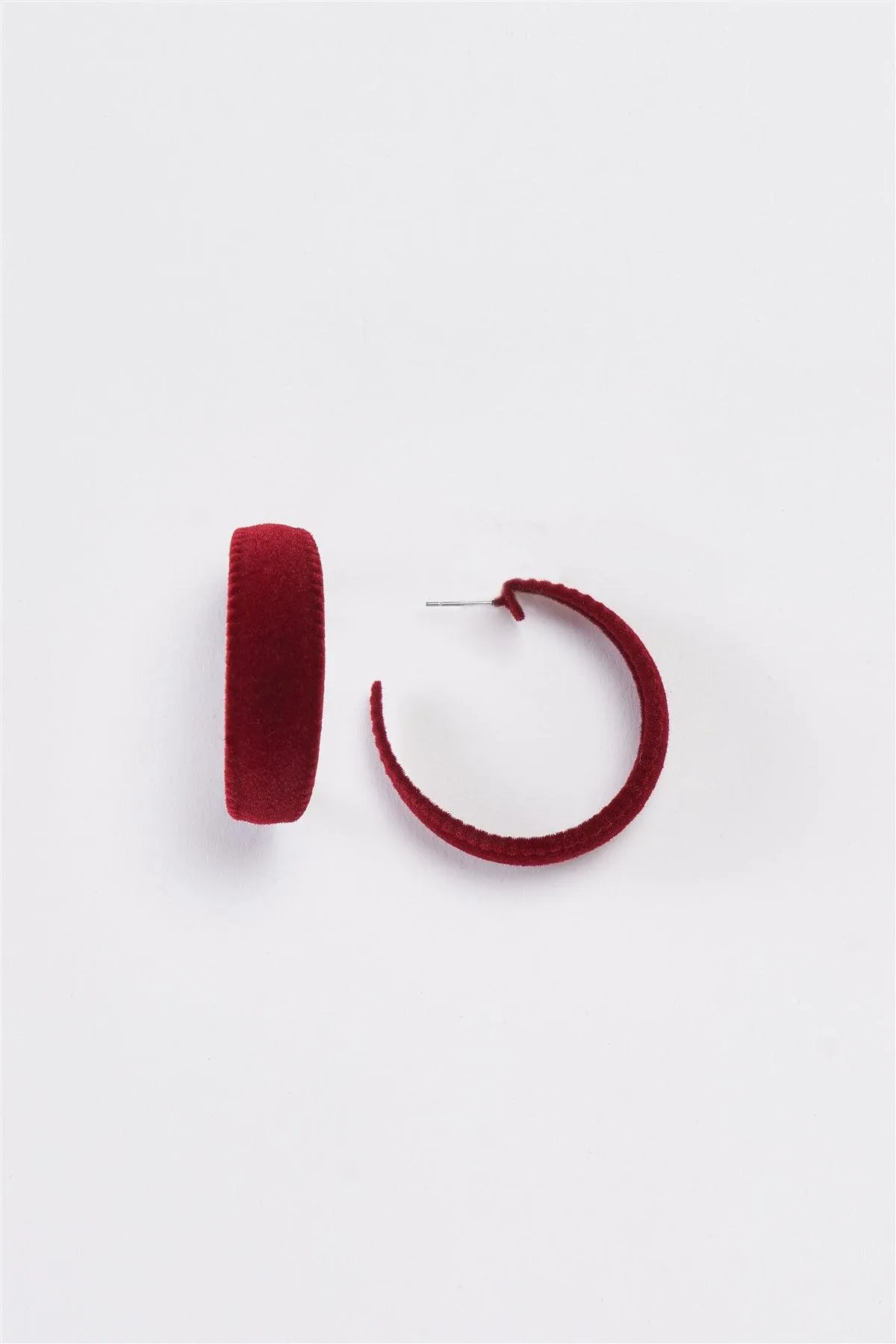 Burgundy Velvet Covered Flat Hoop Earrings