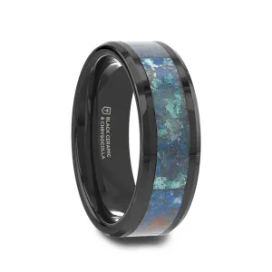 CELADON Black Beveled Ceramic Wedding Band with Polished Chrysocolla Inlay - 8mm