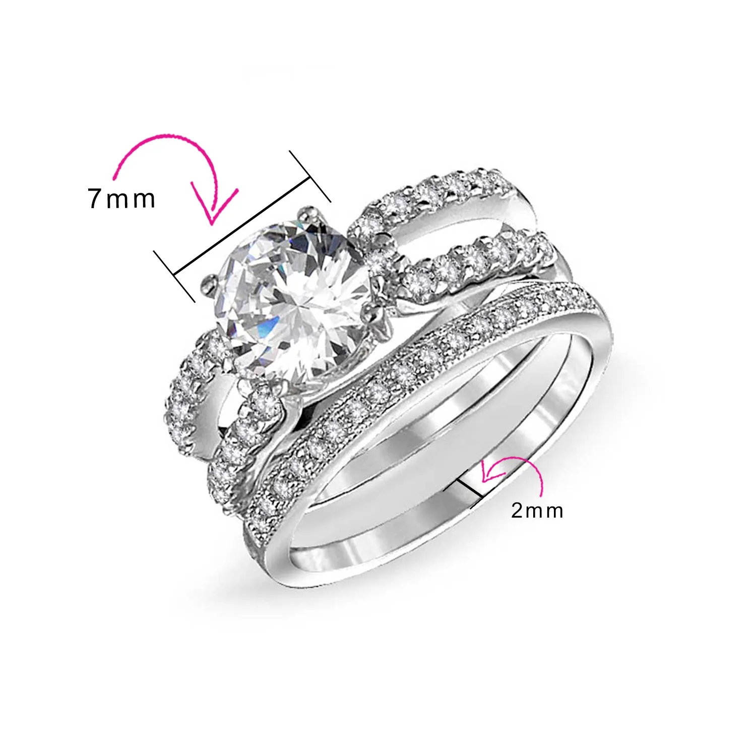 Cocktail Statement Ring 3CT Round Solitaire CZ Pave Band Guard Enhancer Silver Set