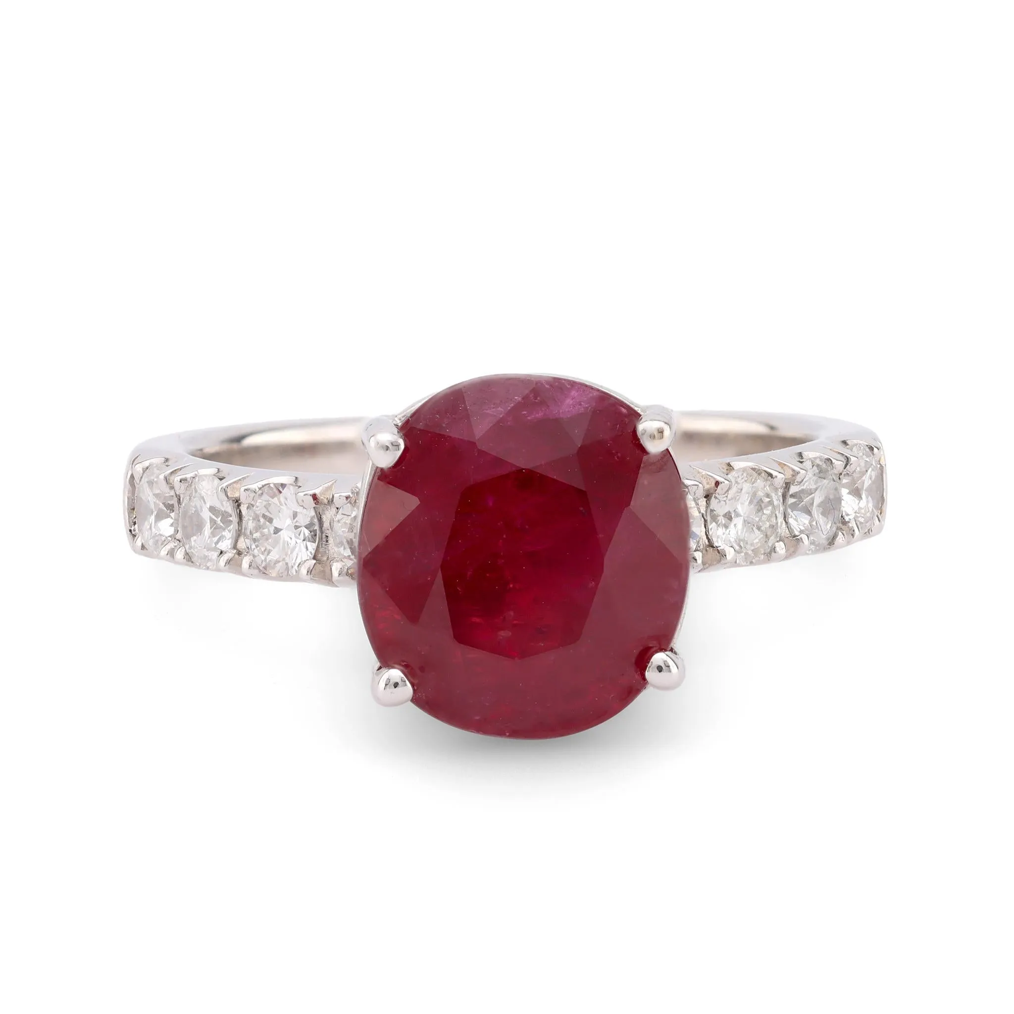 Confident GIA 3.7 carat oval cut ruby diamond 18k white gold ring