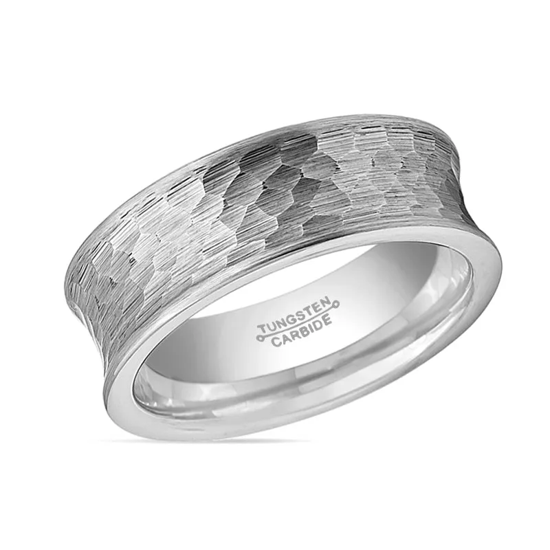 DECIUS | Silver Tungsten Ring, Hammered, Concave