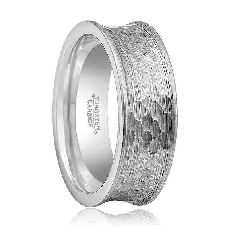 DECIUS | Silver Tungsten Ring, Hammered, Concave