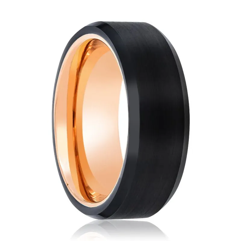 DIABLO | Rose Gold Ring, Black Tungsten Ring, Brushed, Beveled