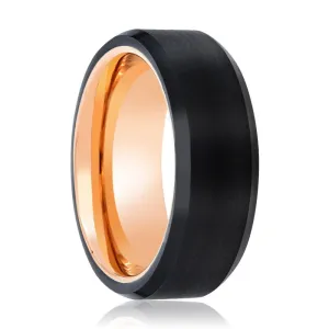 DIABLO | Rose Gold Ring, Black Tungsten Ring, Brushed, Beveled