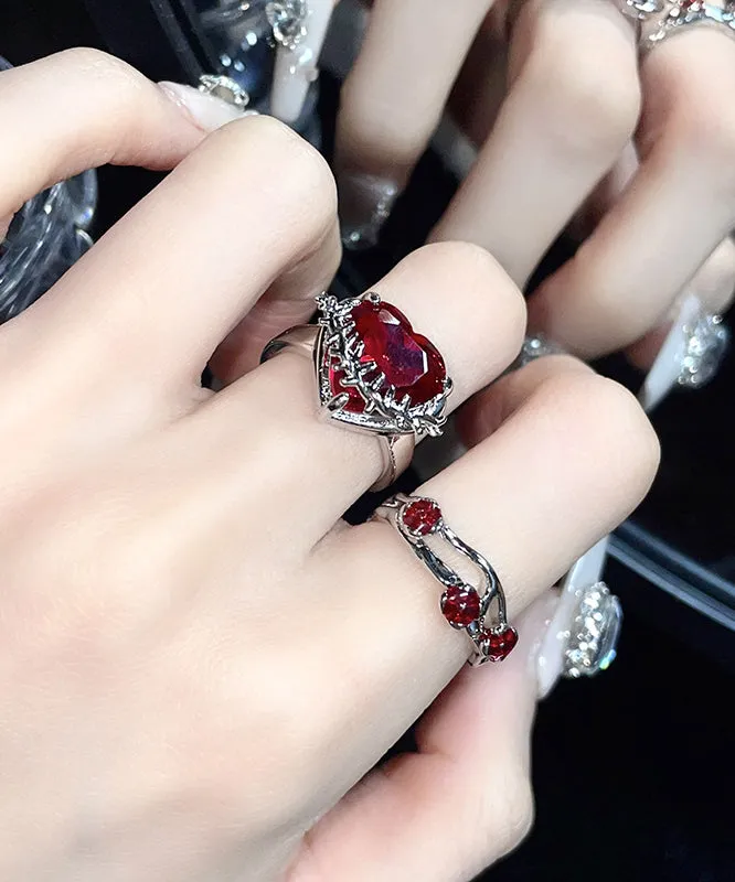 DIY Red Stainless Steel Zircon Rose And Love Rings Two piece Set FA317