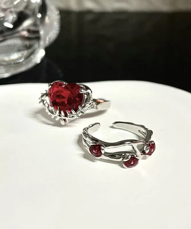 DIY Red Stainless Steel Zircon Rose And Love Rings Two piece Set FA317