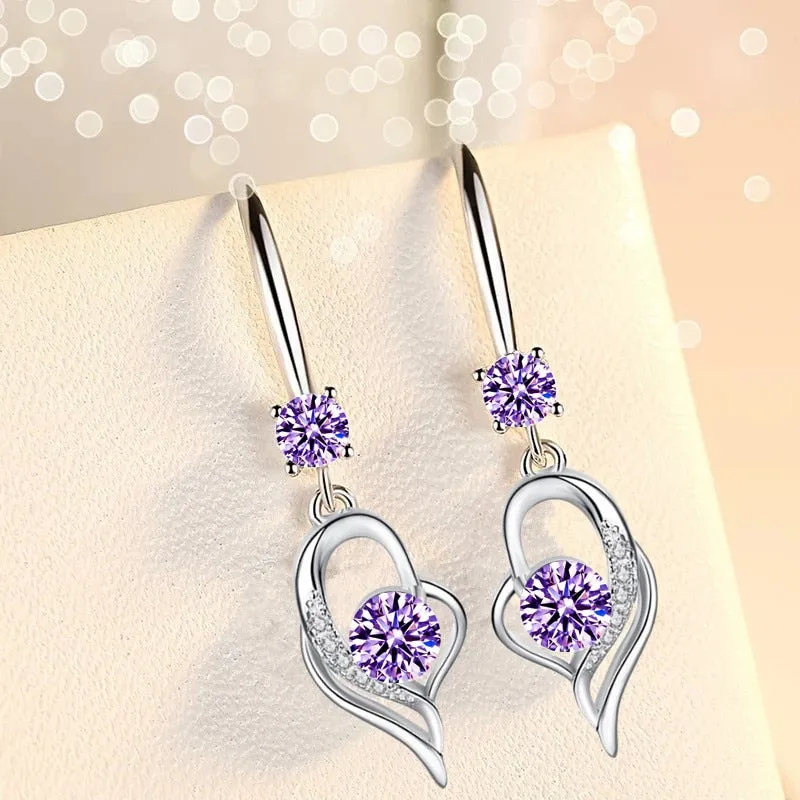 Drop Earrings Heart-shaped Blue/white/pink/purple Crystal Dangle Earring Charming Ear Jewelry For Women