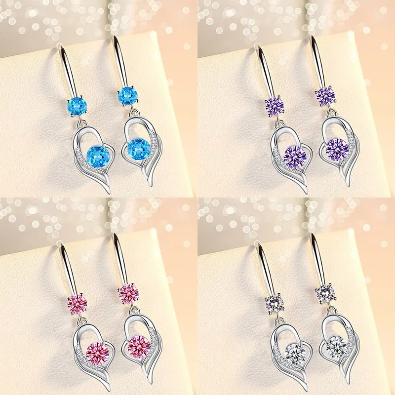 Drop Earrings Heart-shaped Blue/white/pink/purple Crystal Dangle Earring Charming Ear Jewelry For Women