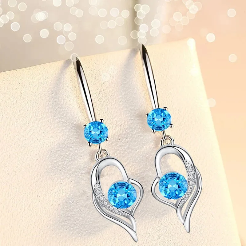 Drop Earrings Heart-shaped Blue/white/pink/purple Crystal Dangle Earring Charming Ear Jewelry For Women