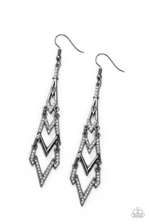 Electric Shimmer Gunmetal Black & White Rhinestone Earrings - Paparazzi Accessories