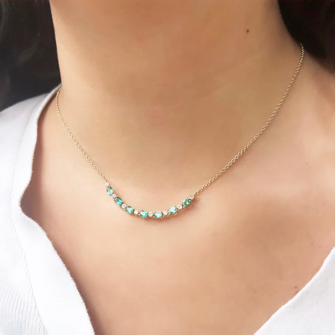 Emerald and Diamond Curved Bar Necklace