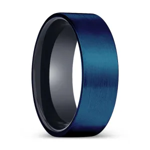 EMPEROR | Black Ring, Blue Tungsten Ring, Brushed, Flat