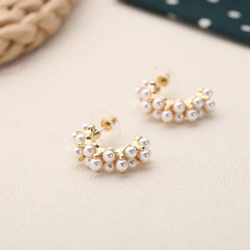 Fashion Korean White Pearl Bohemian Golden Round Wedding New Earring