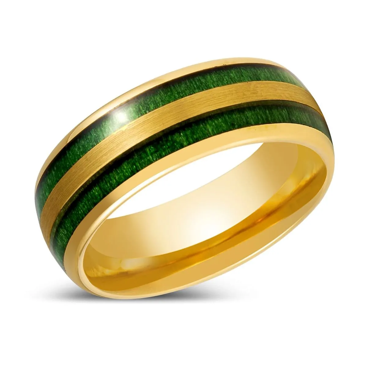 GARRISON | Gold Tungsten Ring, Green Jade Wood Inlay, Domed