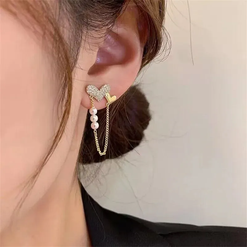 Gold Color Lover Heart Zircon Piercing Tassel Chain Fashion Earring