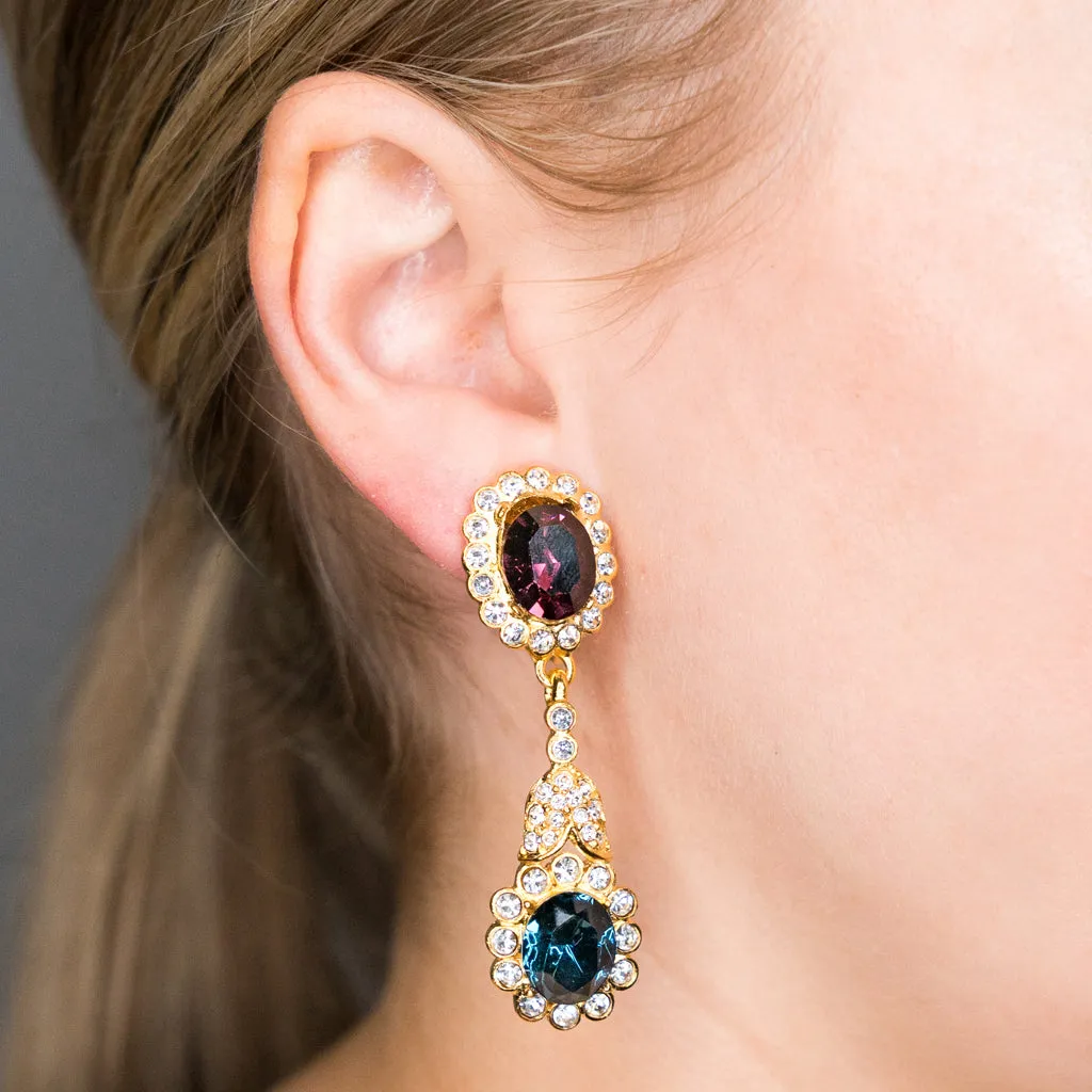 Gold, Crystal & Sapphire Drop Clip Earrings