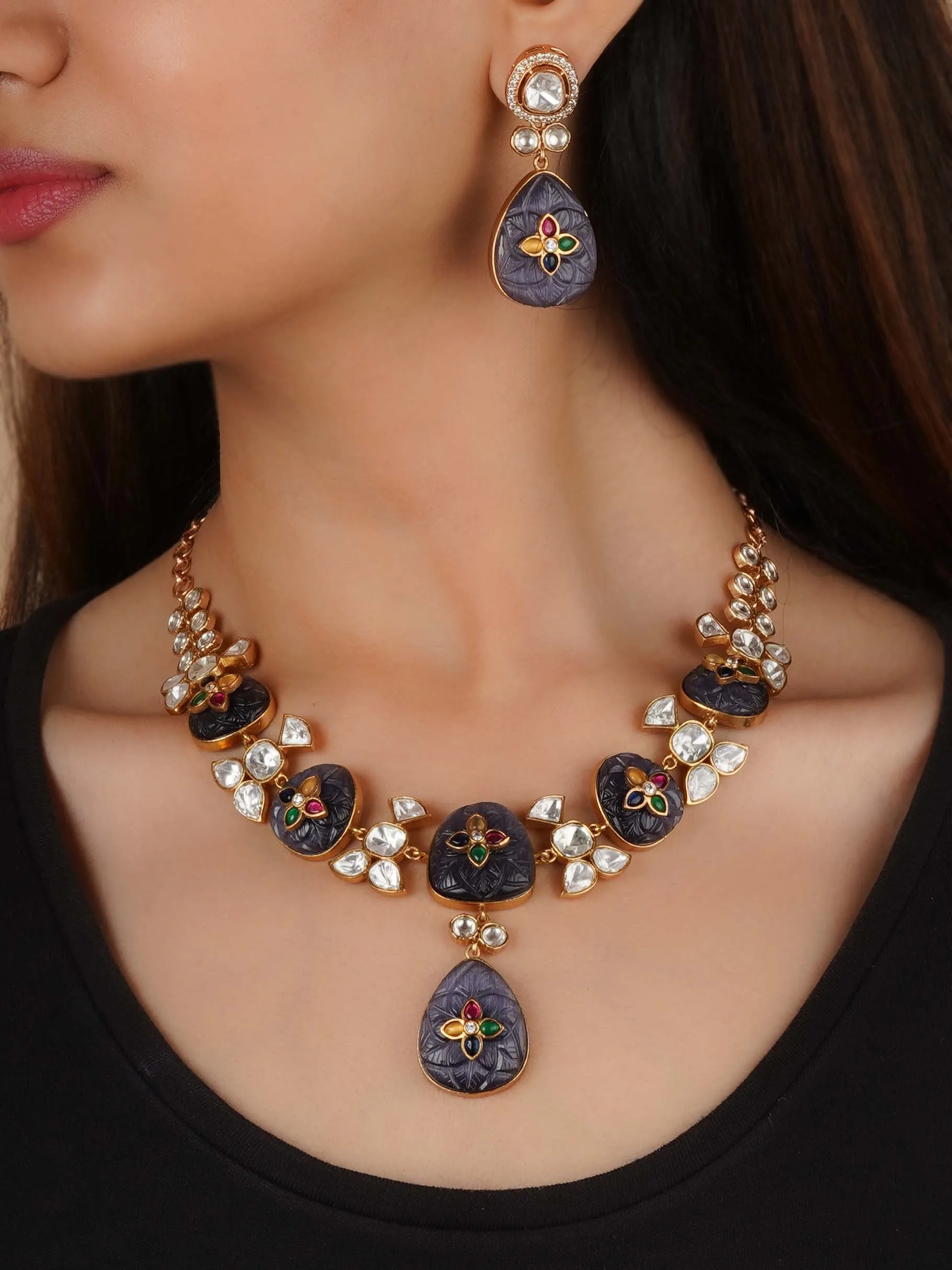 Gold Plated Faux Polki Necklace Set - PK-S220